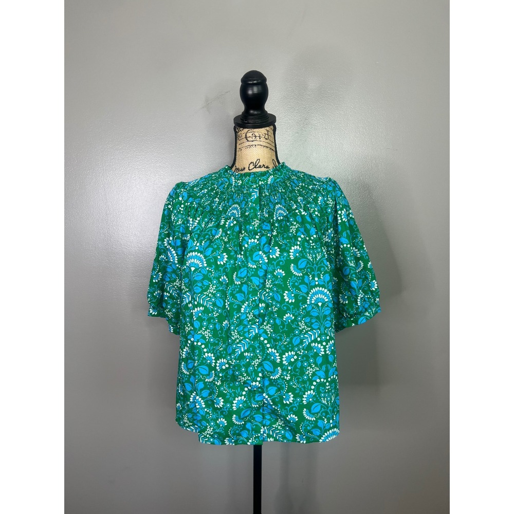 Sugarlips Womens XL Green Blue Floral Smocked Blouse cottage core boho - Picture 2 of 10